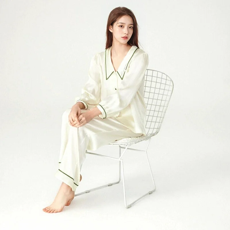 Women's New Summer Silk Pajamas Set - 100% Mulberry Silk Loungewear with Doll Collar, Embroidered Long Sleeves and Long Pants