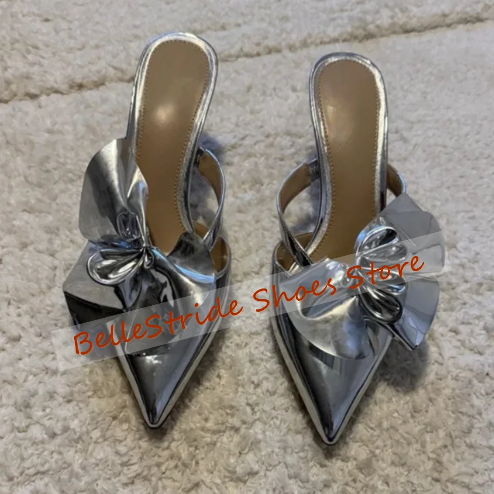 

Silver Pointed Toe Bow knot Decor Slippers Patent leather for Women Stilettos High Heels Dinner Party 2025 Zapatos Para Mujeres