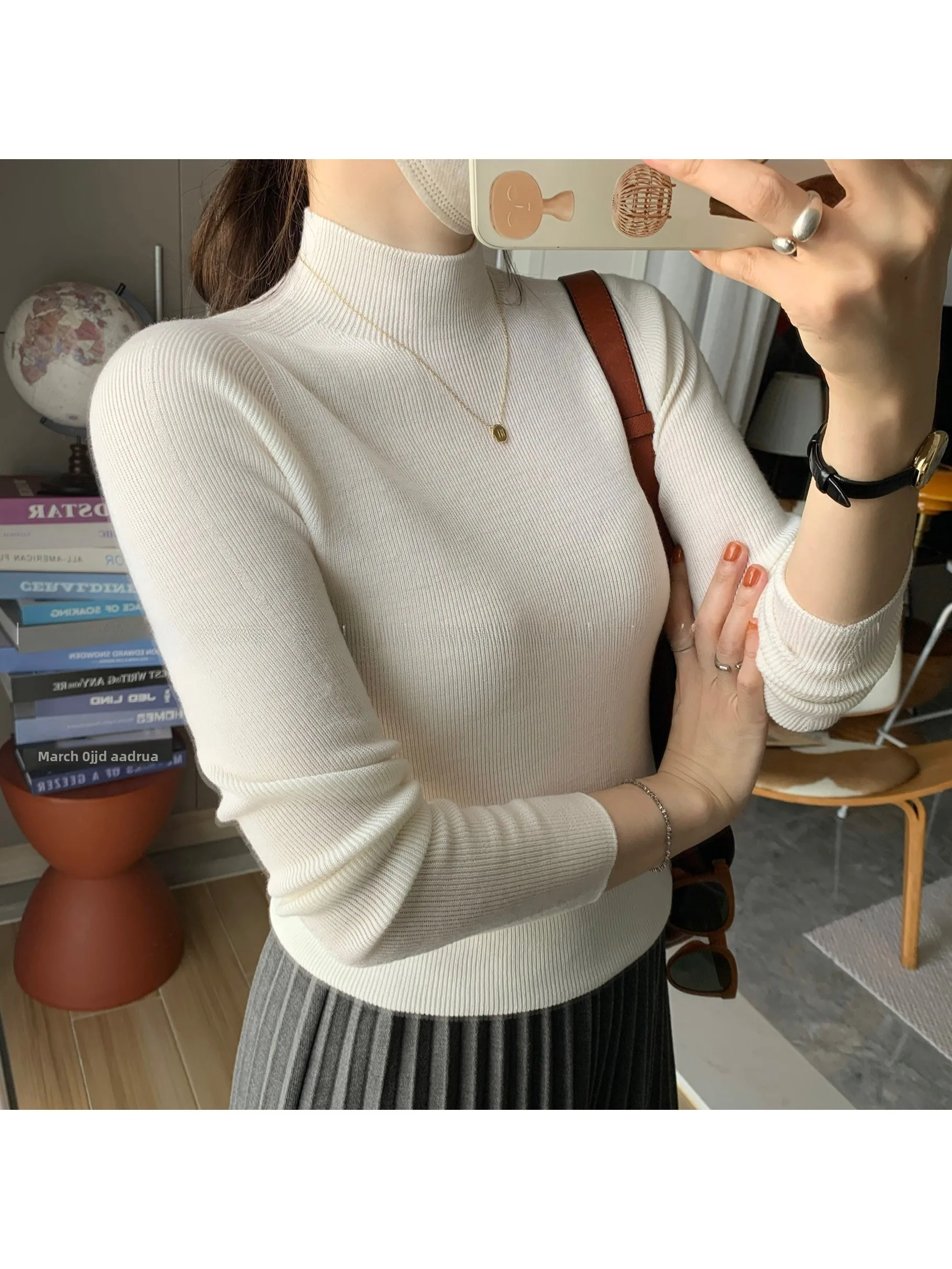 

Miss White Bellflower Women's Sl Inteated 48-Tead Full Wool Knitted Sweater f High Collar Long Sve Base irt