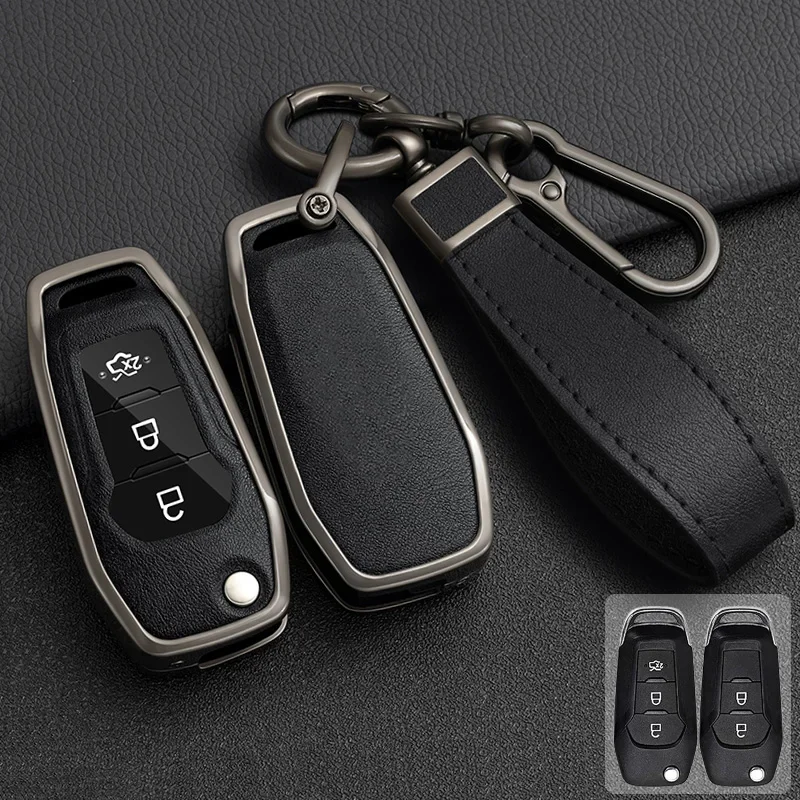 

Zinc Alloy + Leather Car Key Case For Ford Edge Figo Mondeo 5 Ecosport Fiesta Everest Ranger Fusion Kuga Escort F150 Flip Remote