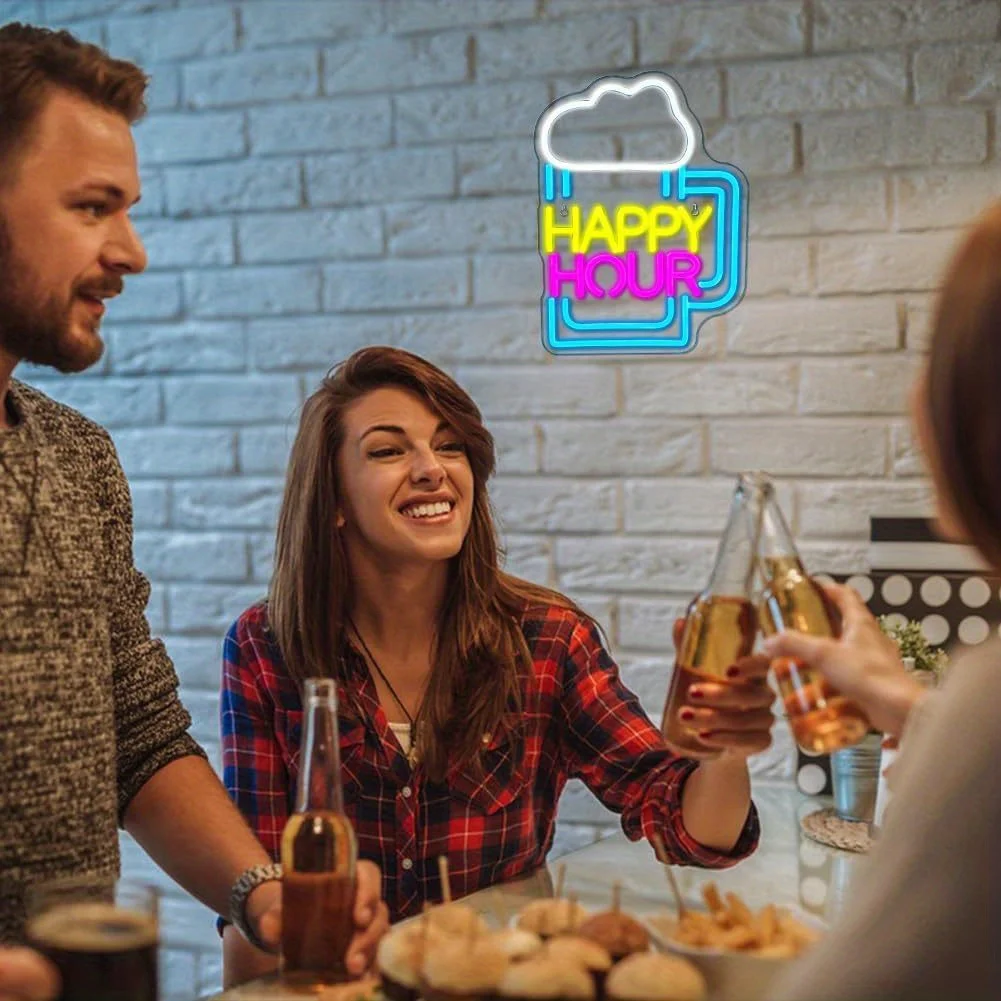 HAPPY HOUR Art Deco أكريليك Happy Hour ضوء النيون لديكور المنزل - اختيار هدية مثالي للاستخدام في الحانات والبارات!