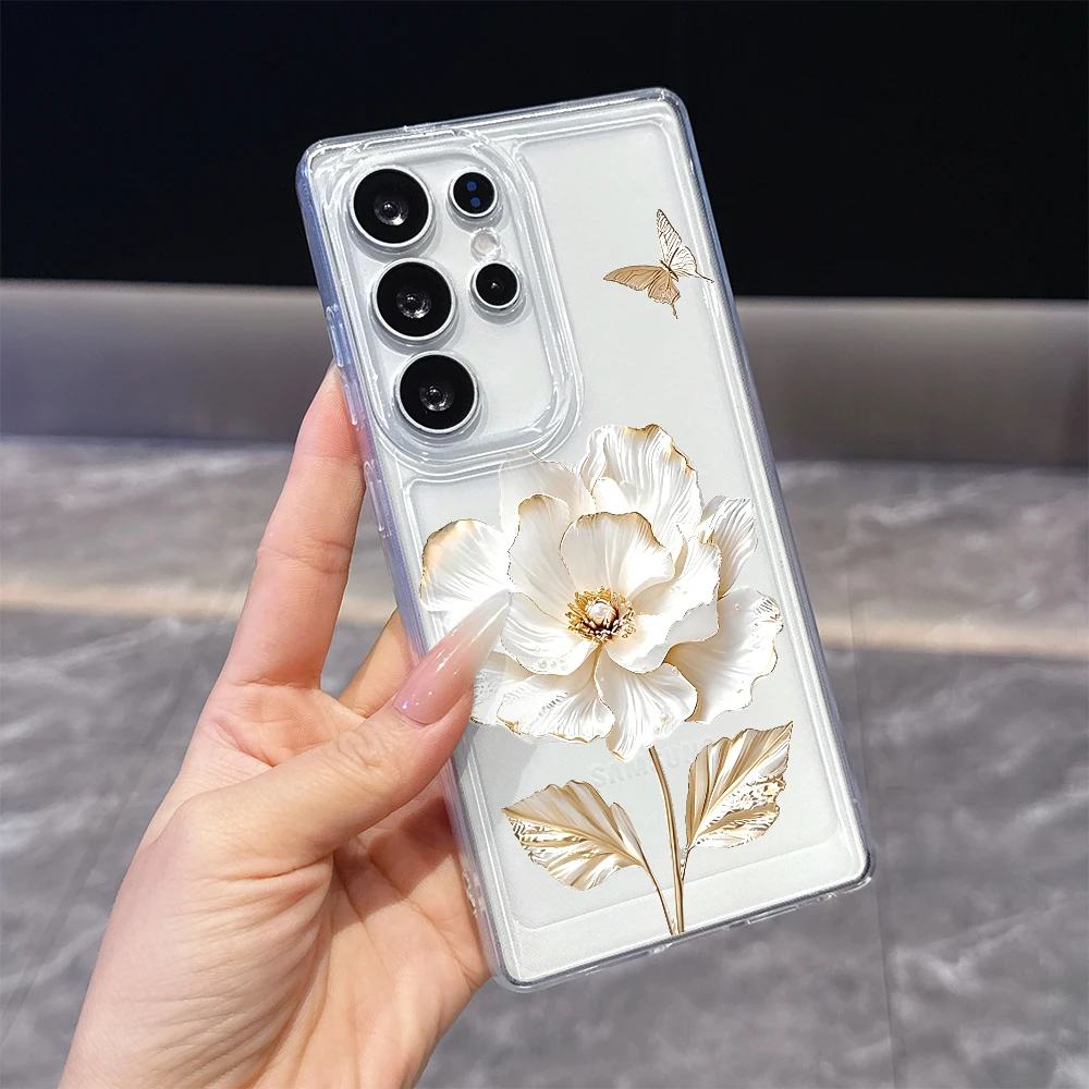 White Flower Butterfly Clear Soft TPU Phone Case For Samsung S26 S24 S21 FE Plus A57 Anti Scratch Slim Back Cover