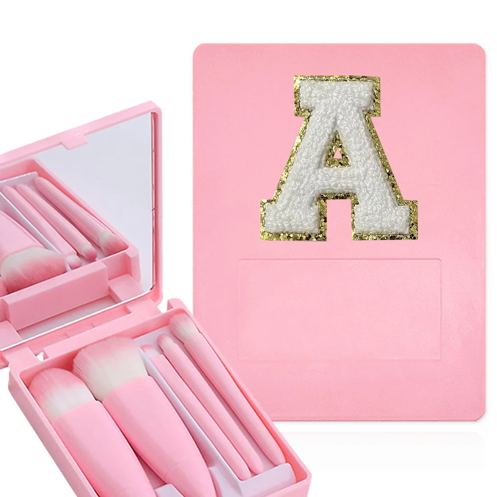 5 Pcs Travel Makeup Brushes Set Holder Box With Clear Mirror Cosmetic Soft Brush Kit Chenille Gold Letter Pattern Embroidery