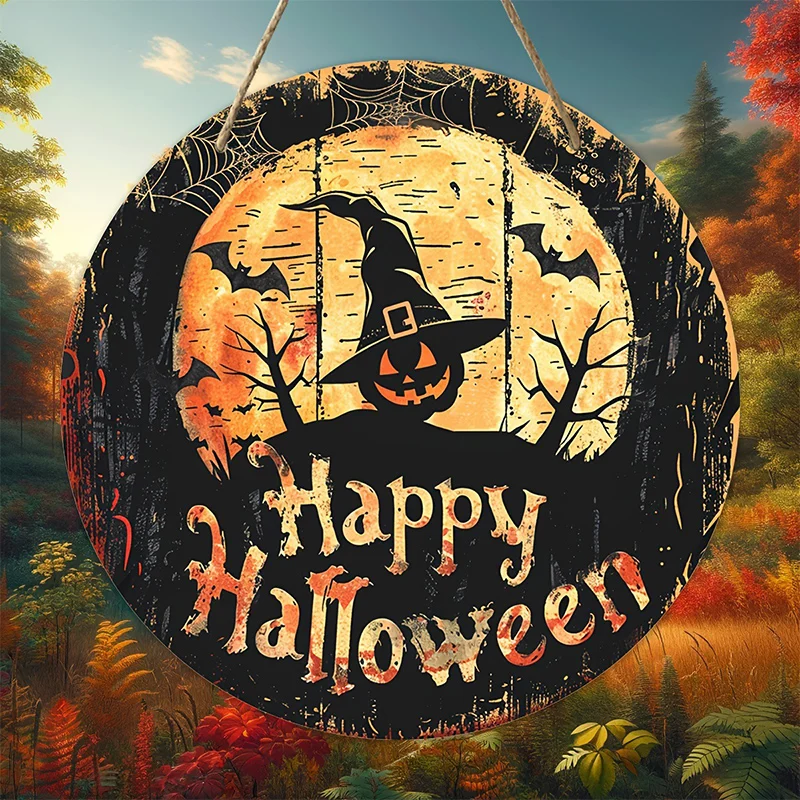 Halloween Wooden Wreath Sign Vintage Witch Pumpkin Head Horror Art Deco Fall Wreath Sign Home Kitchen Garden Patio Window Porch