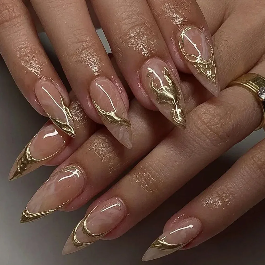 3D Water Ripple French Y2K Punk Glitter Powder Long Pointed Fake Nails Art False Nail Charm Tip Press on Nails DIY Manicure Tool