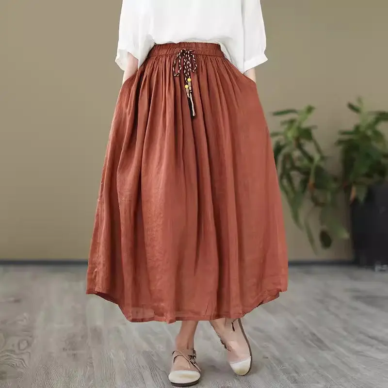 

Irregular Elastic High Waist Lace Up Skirt Lazy Style Retro Cotton And Linen Solid Color Versatile Long Skirt For Women k1277