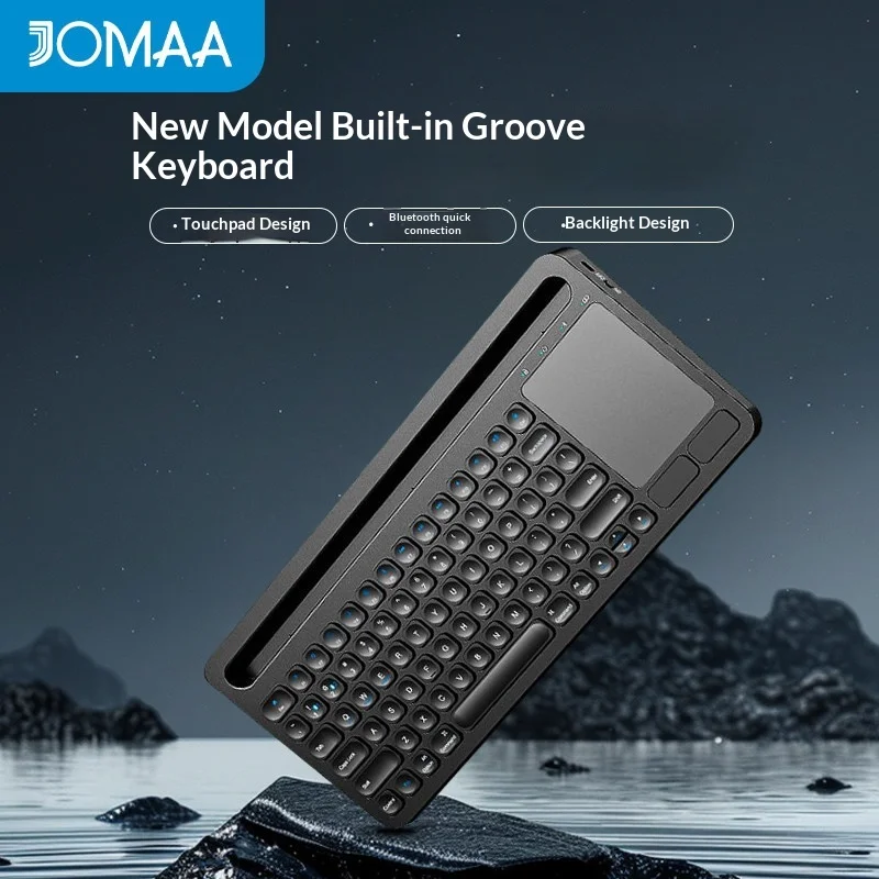 JOMAA Bluetooth Dual Mode Wireless Silent Rechargeable Ergonomic Keyboard Touchpad Backlit Built In Holder Slot Home Office Ipad