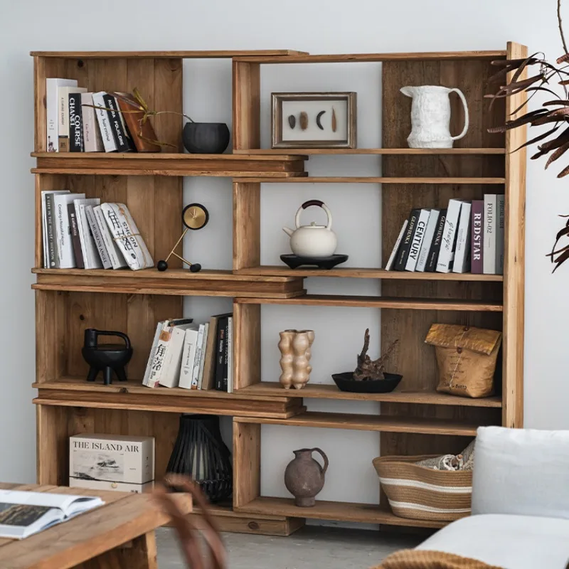 

Retro old pine display rack Solid wood multi-layer retractable shelf against the wall Home floor bookshelf