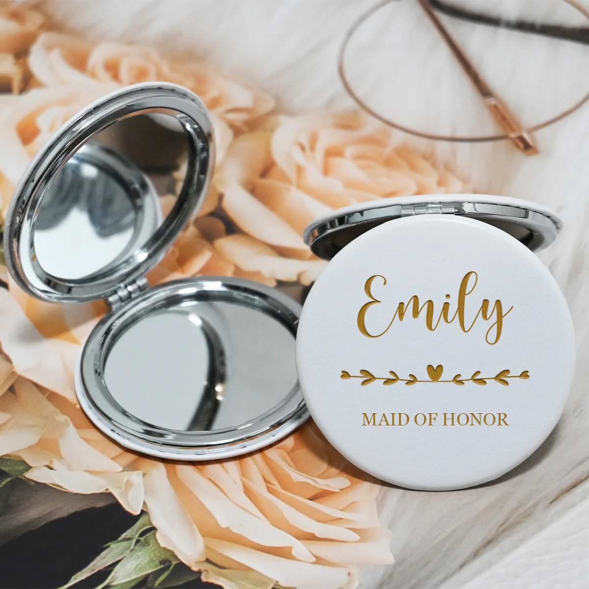 Personalized Heart Shape Engraved Leather Compact Mirror with Name/Title, Pocket Makeup Mirror Wedding Favor Party Gift Birthday