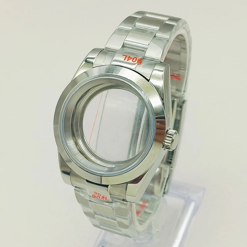

39mm Silver Watch Case Transparent Back Cover With Strap Fit 7S26 4R NH35 NH36 Movement Men's Watch Sapphire Crystal Glass Cases