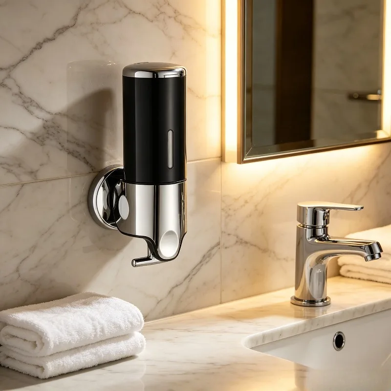 Wall Mounted Stainless Steel Soap Dispenser, No Drill Manual Press Liquid Pump for Bathroom, Shampoo & Hand Soap Holder
