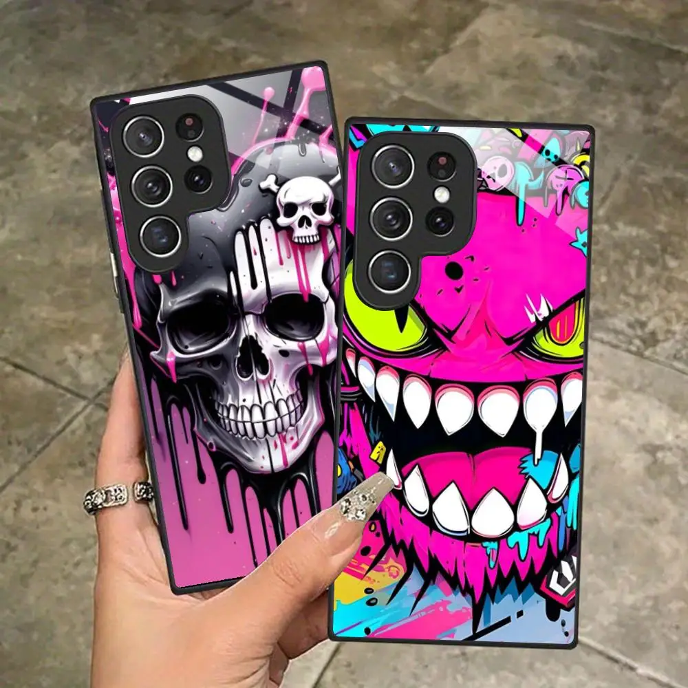 Anime Pink Skull Phone Case for Samsung Galaxy S26 S25 S24 S23 S22 S21 S20 Note20 Plus FE Ultra Glass Protective Cover