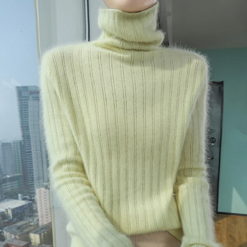 Pull en cachemire de vison pour femme, col haut, tricoté, mode, ajouré, Base chaude, chemise ample, revers épais, automne hiver 100%