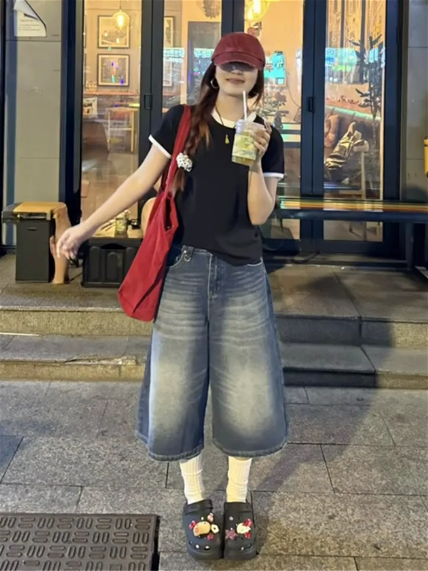 

Американские винтажные джинсы в уличном стиле, женские, летние, свободные, стройнящие, универсальные, с эффектом потертости, широкие штанины, средней длины