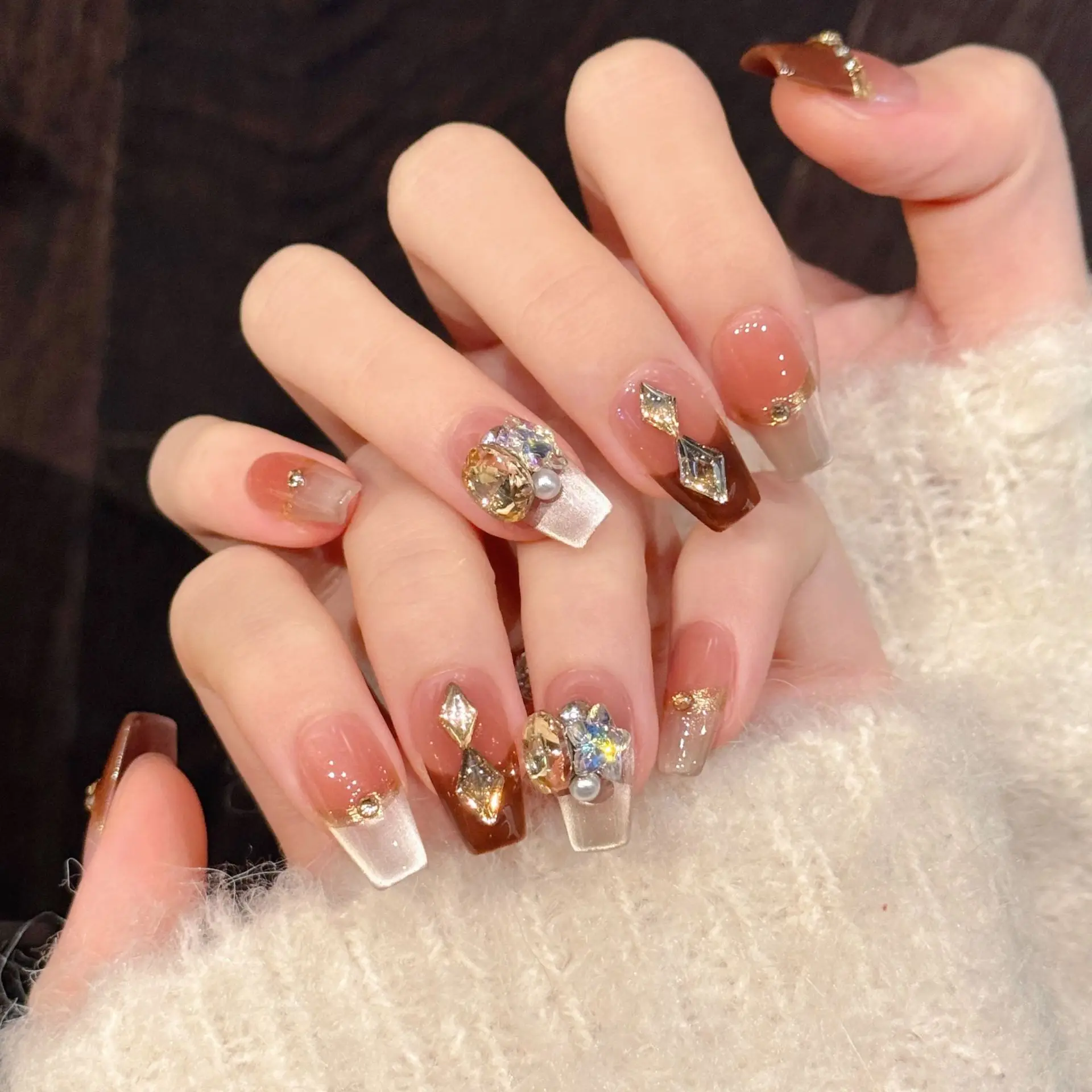 

YH001-33 Пресс для ногтей ручной работы, 10 шт., французский кошачий глаз, Майард, сломанные бриллианты, выбухи и вспышки, накладные накладки для ногтей