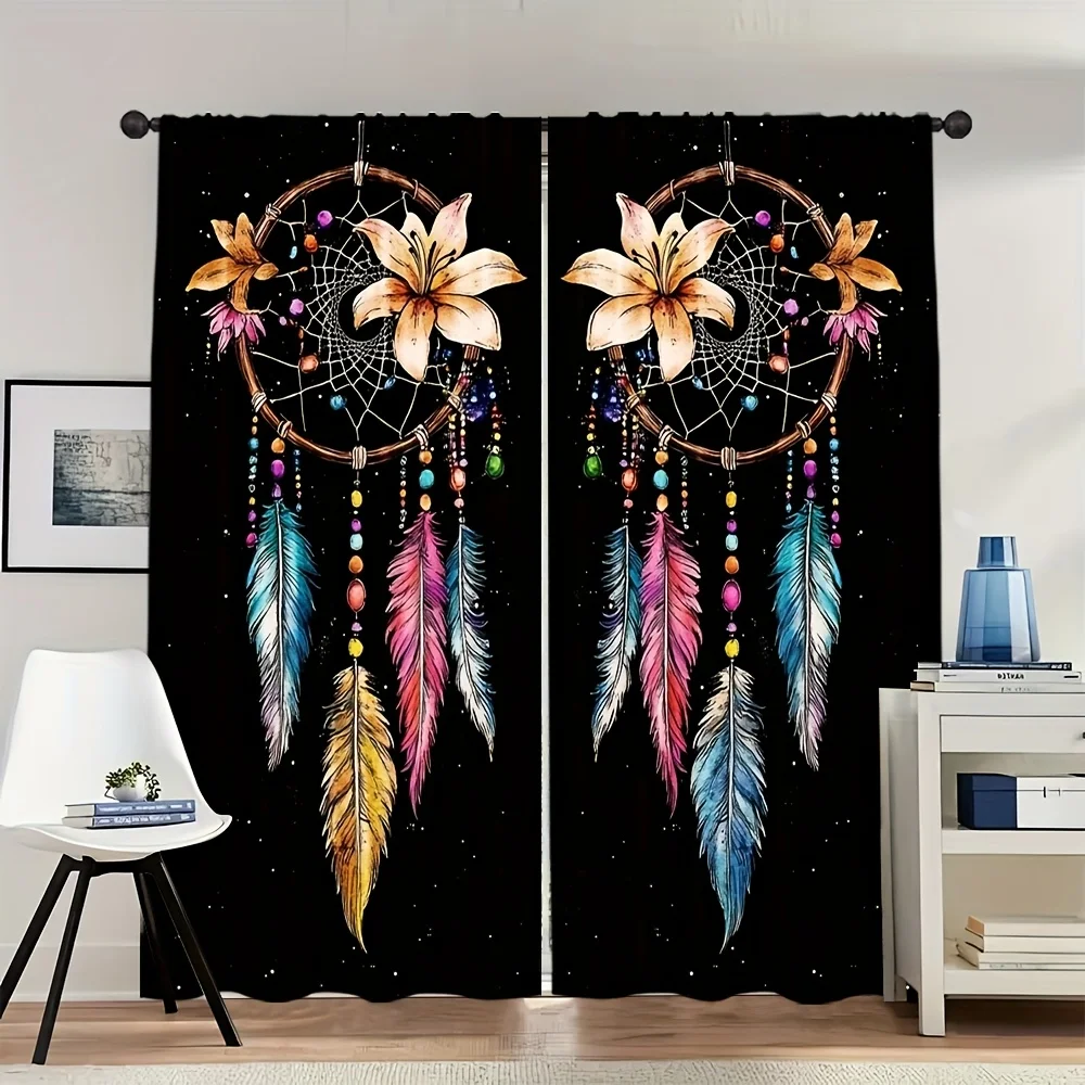 Colorful Dreamcatcher with Feathers and Flowers Curtains Boho Artistic Design Elegant Home Decor Spiritual Theme Window Drapes