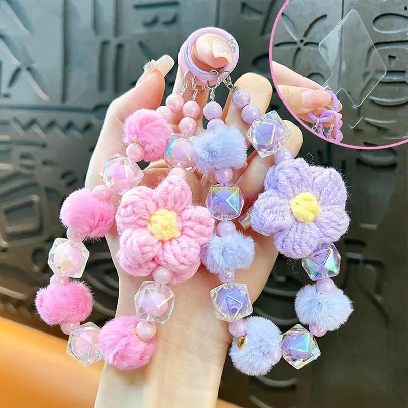 Beads Phone Lanyard Plush Flower Strand Beads Mobile Phone Chain Keyring Bag Pendant Car Key Accessories Birthday Gift for Kids