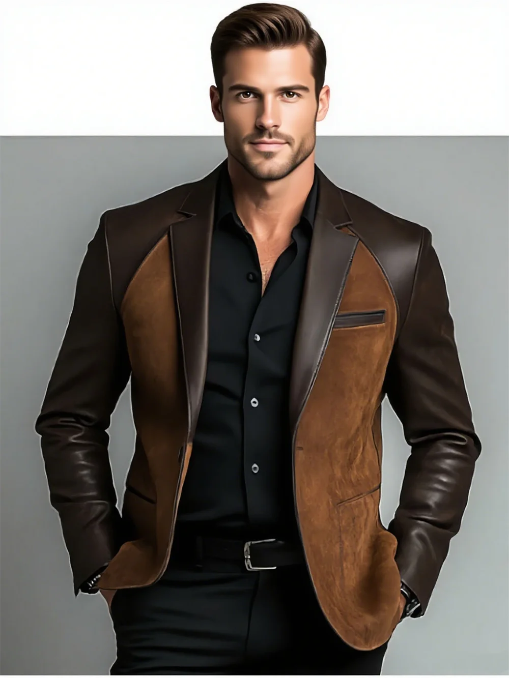 

2025 NEW Leather Patchwork Velvet Men's Jacket Fashionable retro casual Brown Blazers man plus size custom suit Leather Coat