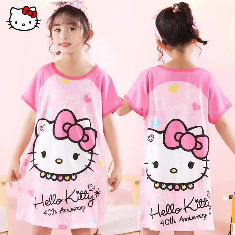 

Kawaii Sanrio Hello Kitty Nightdress My Melody Cute Cartoon Summer Girl Homewear Children Anime Lace Short-sleeved Nightdress