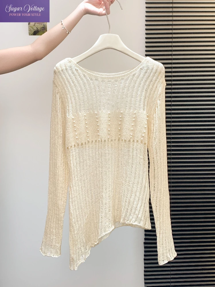 

Y2K Hollow Out Knit Cardigan Women Autumn 2025 Asymmetrical Design Long Sleeve Loose Fit Sexy Transparent Vintage Sunscreen Top