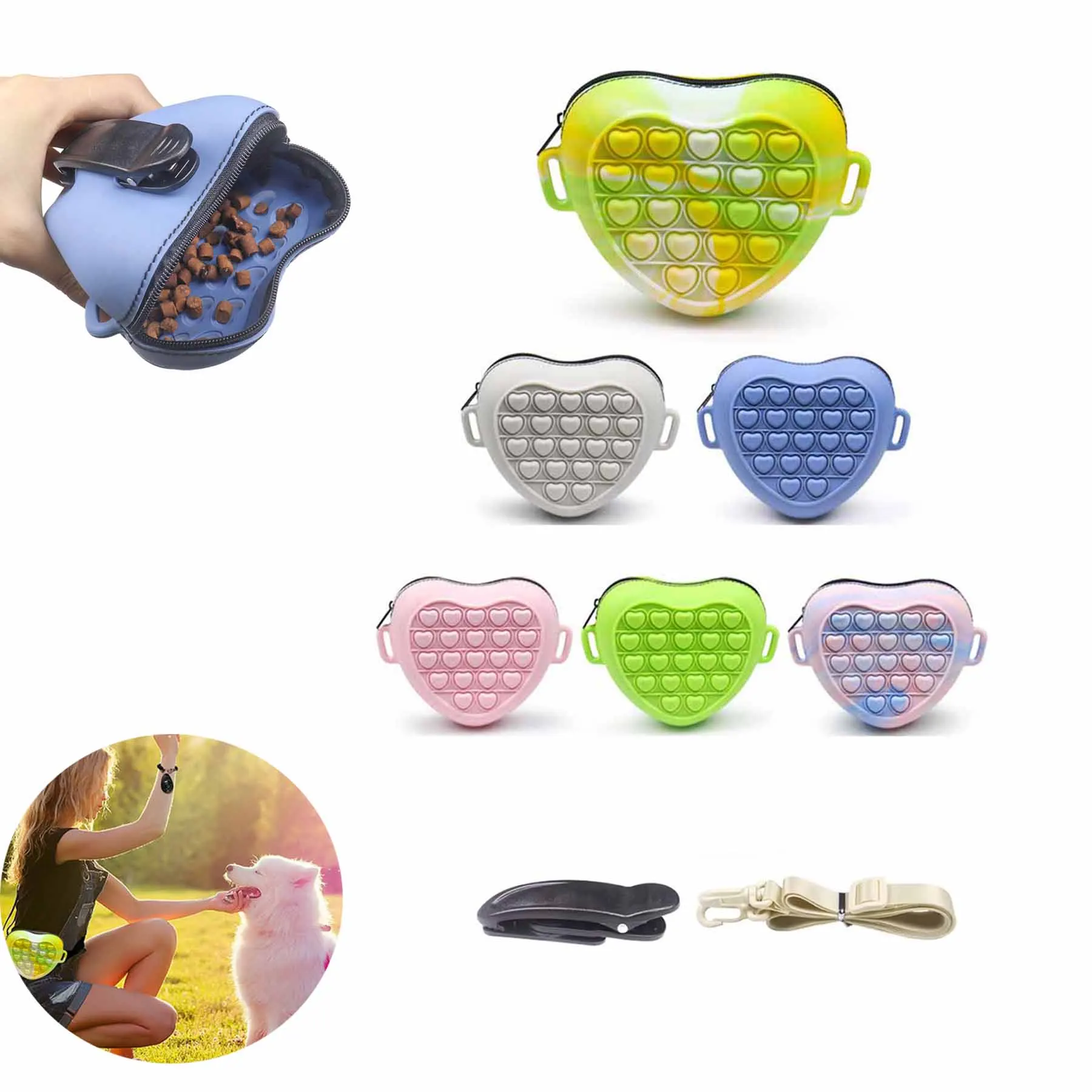 Silicone Dog Treat Pouch for Training & Walking, Adjustable Waist Belt & Clip, Portable Pet Walking Bag, Zipper Closure