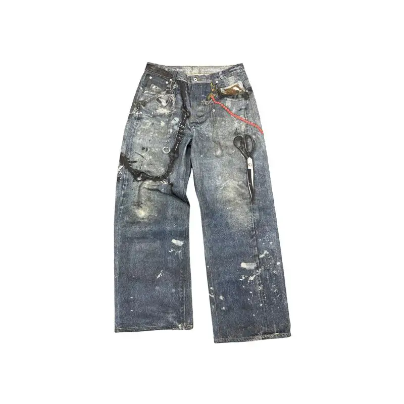 

American Retro Heavy Du Digital Print Baggy Jeans Chain Denim Low Waist Long Pants Zipper Fly Casual Trousers for Men