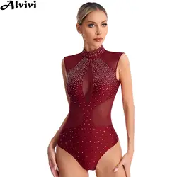 Bodysuit de malha pura sem mangas para mulheres, strass brilhantes, patinação artística, ginástica, acrobacia, balé, performance de dança, collant