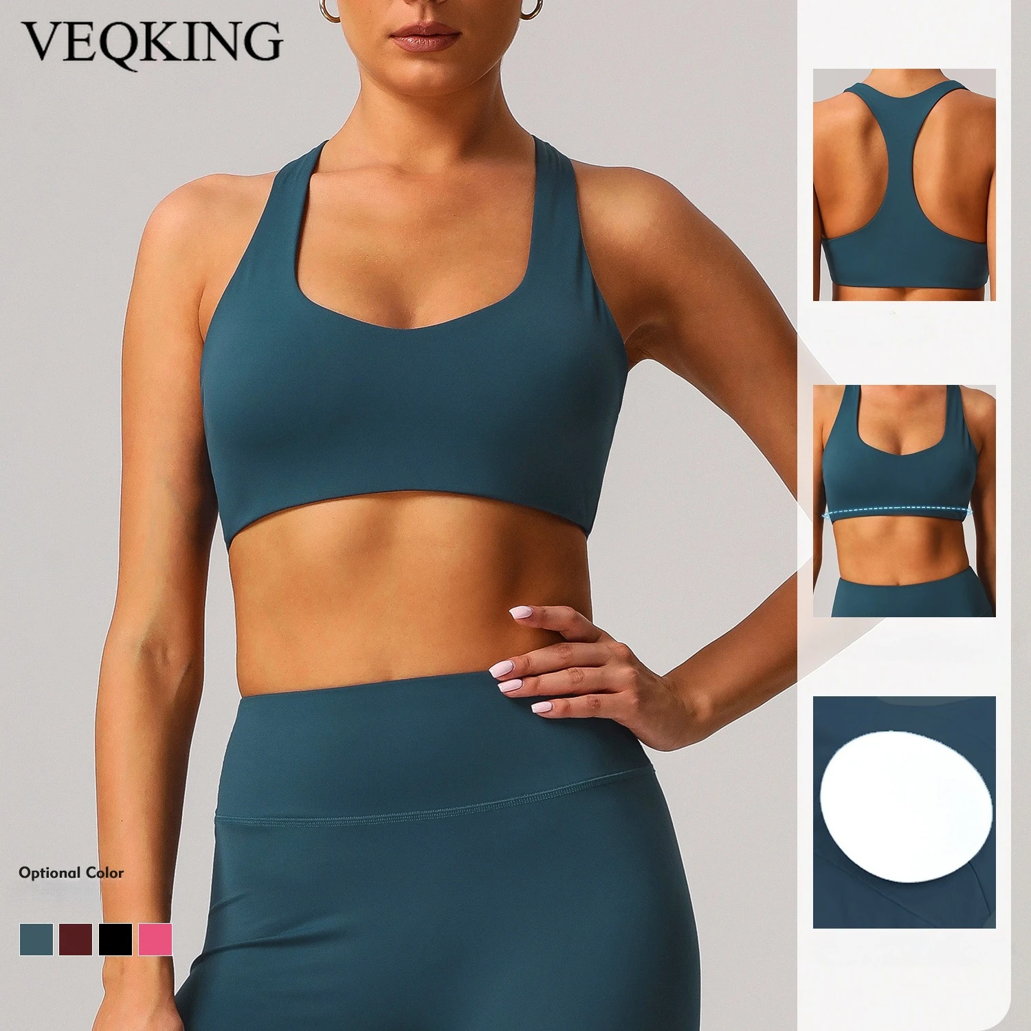

VEQKING Nude Feeling Women Yoga Bras with Pads Racer Back Sports Crop Tops Soft Breathable Gym Bralette Quick Dry Workout Tops
