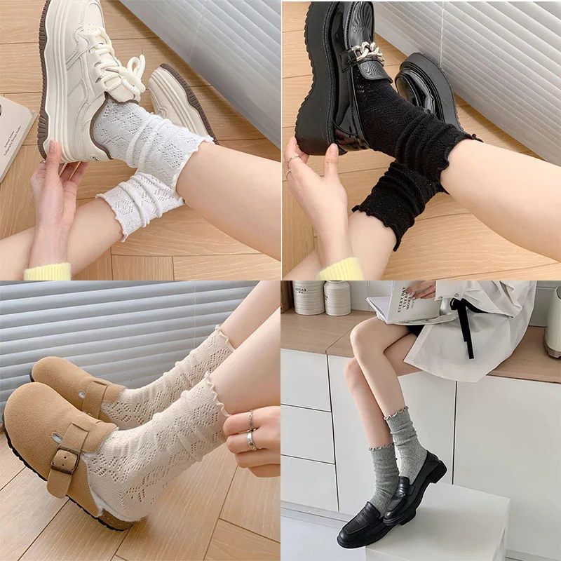 4 Pairs/Lot Women's Socks Hollow-Out Mesh Breathable Slouch Solid Color KoreaTrendy and Versatile for Instagram Style