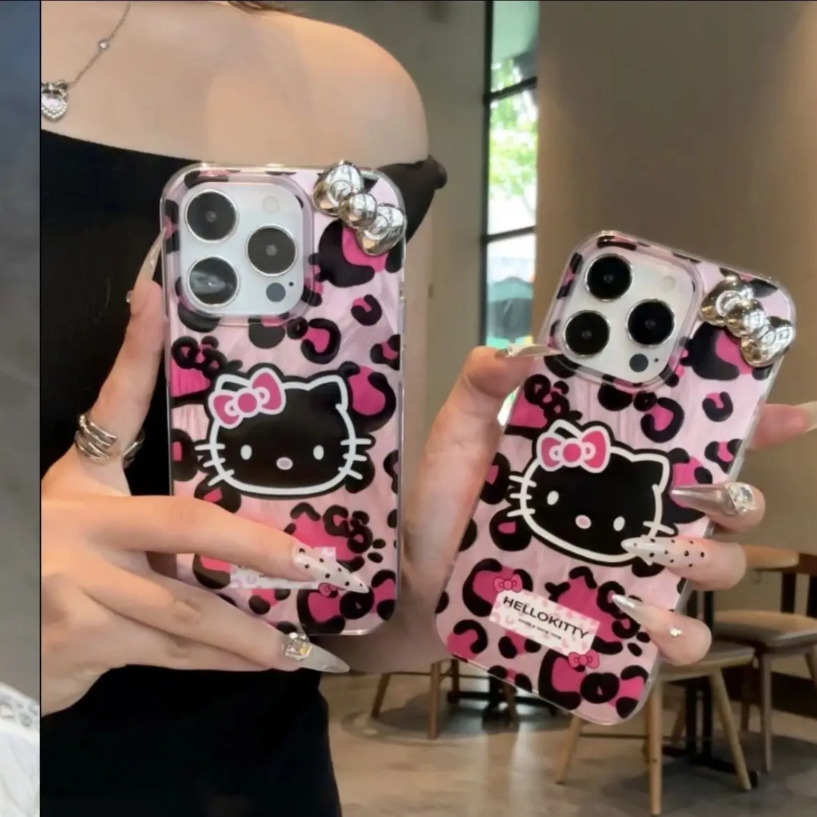 Pink Leopard Print HelloKitty Bow Mobile Phone Case For iPhone 17 16 15 14 13 12 11 Pro Max Plus 17AIr Silicone Laser Covers Y2K - náhled 2