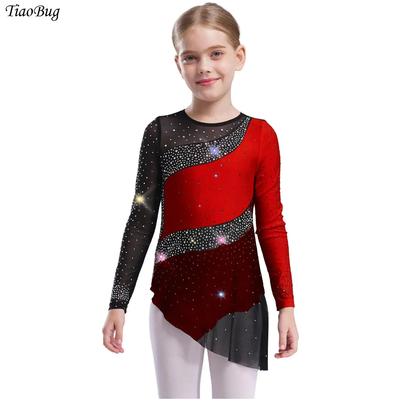 

Kids Girls Figure Skating Dress Rhythmic Gymnastics Ballet Dance Leotard Long Sleeve Sheer Mesh Rhinestone Lyrical Dance Costum