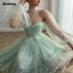 Booma Mint Green Mini Prom Dresses Long Puff Sleeves Printed Hearts Tulle Short Prom Gowns Above Knee Wedding Party Dresses