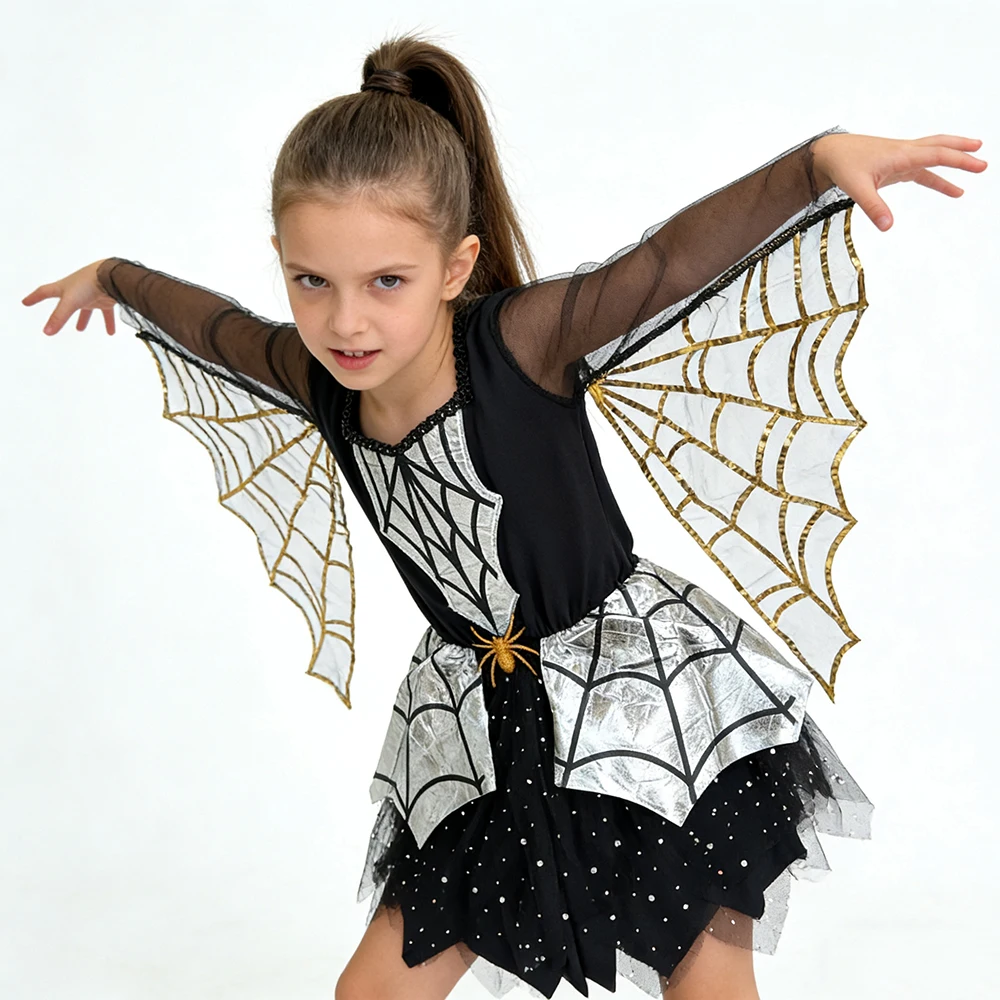 Disfraz de Murciélago para Halloween, Vestido Negro con Telaraña, Túnica para Fiestas, Carnaval, Pascua, Purim, Disfraz de Fantasía