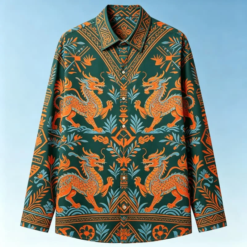 Men's Mythical Art Printed Long Sleeve Shirt, Suitable for Theme Activities, Casual Dressing, and Unique Style Dressing