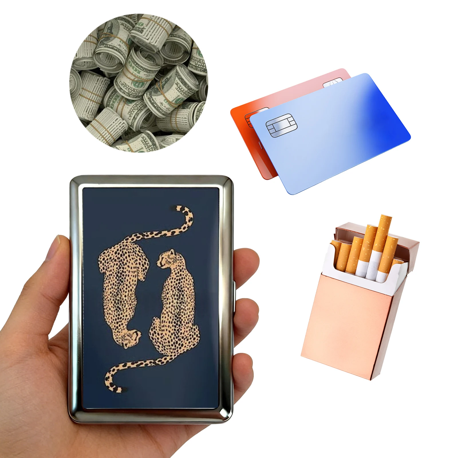 Versatile Metal Cigarette Case with Easy Snap Art Deco Illustration Armored Wallet Credit Card Case Gift for Him & Her image 2