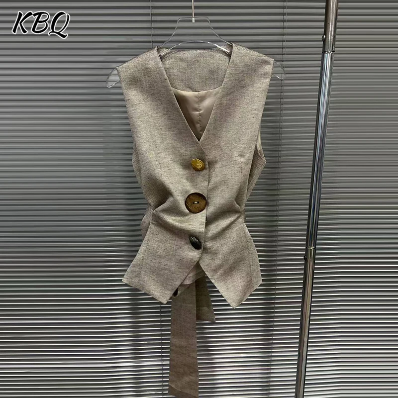 

KBQ однотонные темпераментные утягивающие жилеты на пуговицах для женщин с v-образным вырезом без рукавов, летний дизайнерский жилет, женский модный стиль, новый