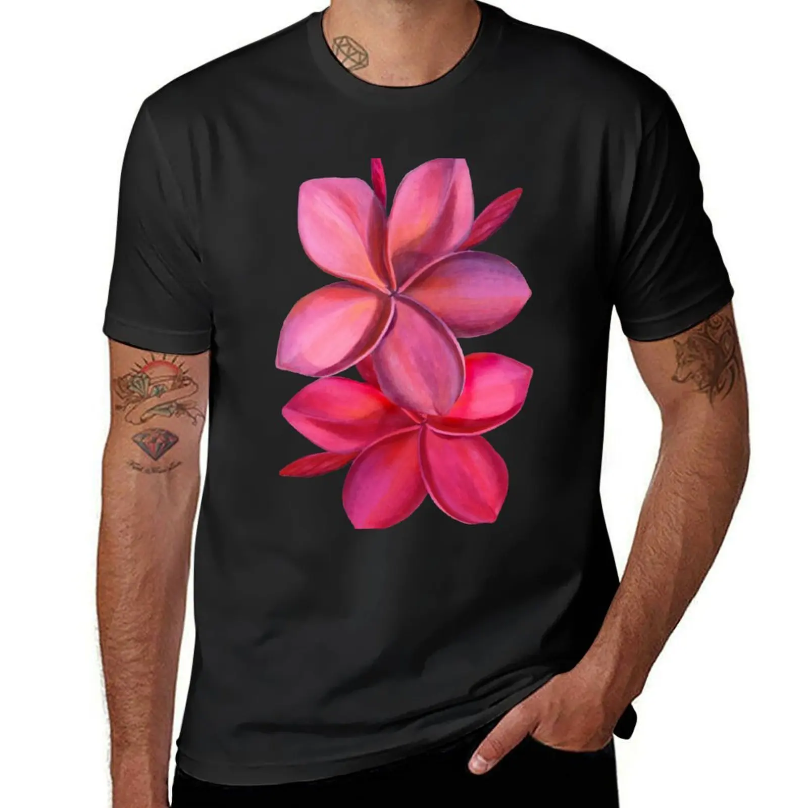 

Deep Pink Hawaiian Plumeria T-Shirt anime clothes oversized workout shirts for men