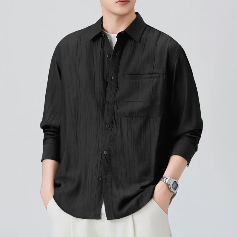 

Men Pleated Fabric Soft Comfortable Fashion Long Sleeve Loose Casual Cargo Shirt Male Japan Streetwear Shirts Blouses