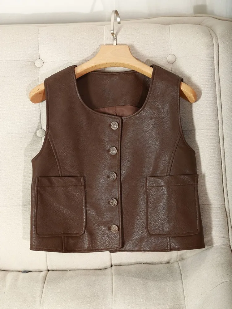 Nieuwe Lente Vintage Pu Leer Vrouwen Vest O-hals Enkele Breasted Casual Korte Vest Punk Motorfiets Mouwloze Jas Vrouwelijke