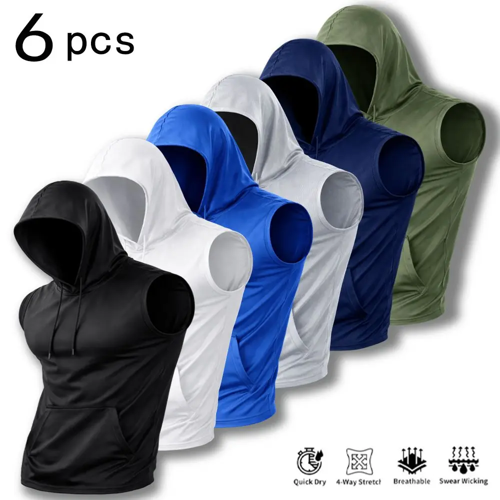 6Pcs Men Sleeveless Hooded Tank Tops Quick Dry Athletic Hoodie Vest Drawstring Pocket Gym Running Workout Sleeveless Shirts