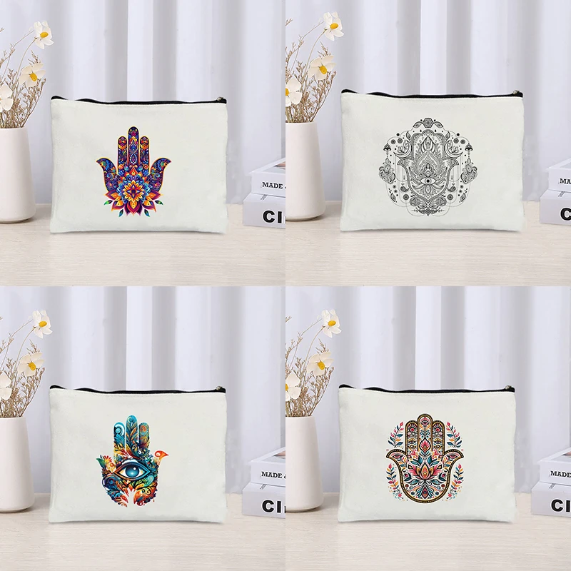 Hamsa Hand Flowers Pattern Makeup Pouch Evil Eye Hand of Fatima Protection Charm Cosmetic Case Boho Hand Lipstick Bag Purse