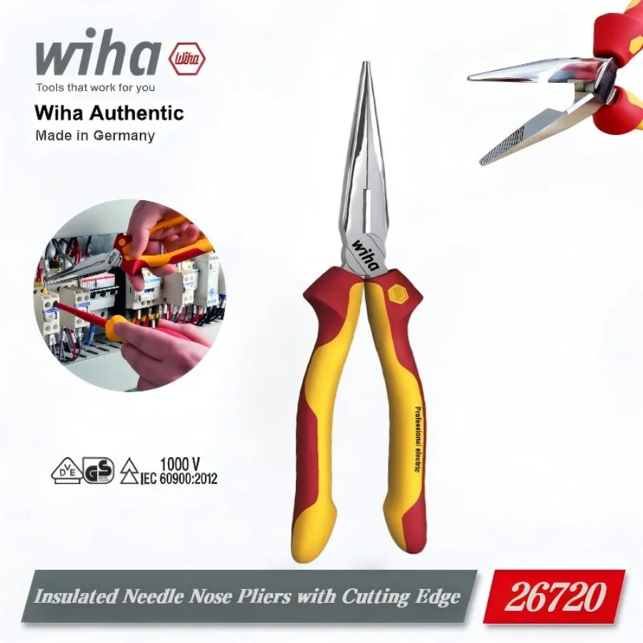 

Wiha 26720 160mm 1000V VDE Insulated Needle Nose Pliers, Professional Electrician Tool with Cutting Edge & Precision Grip