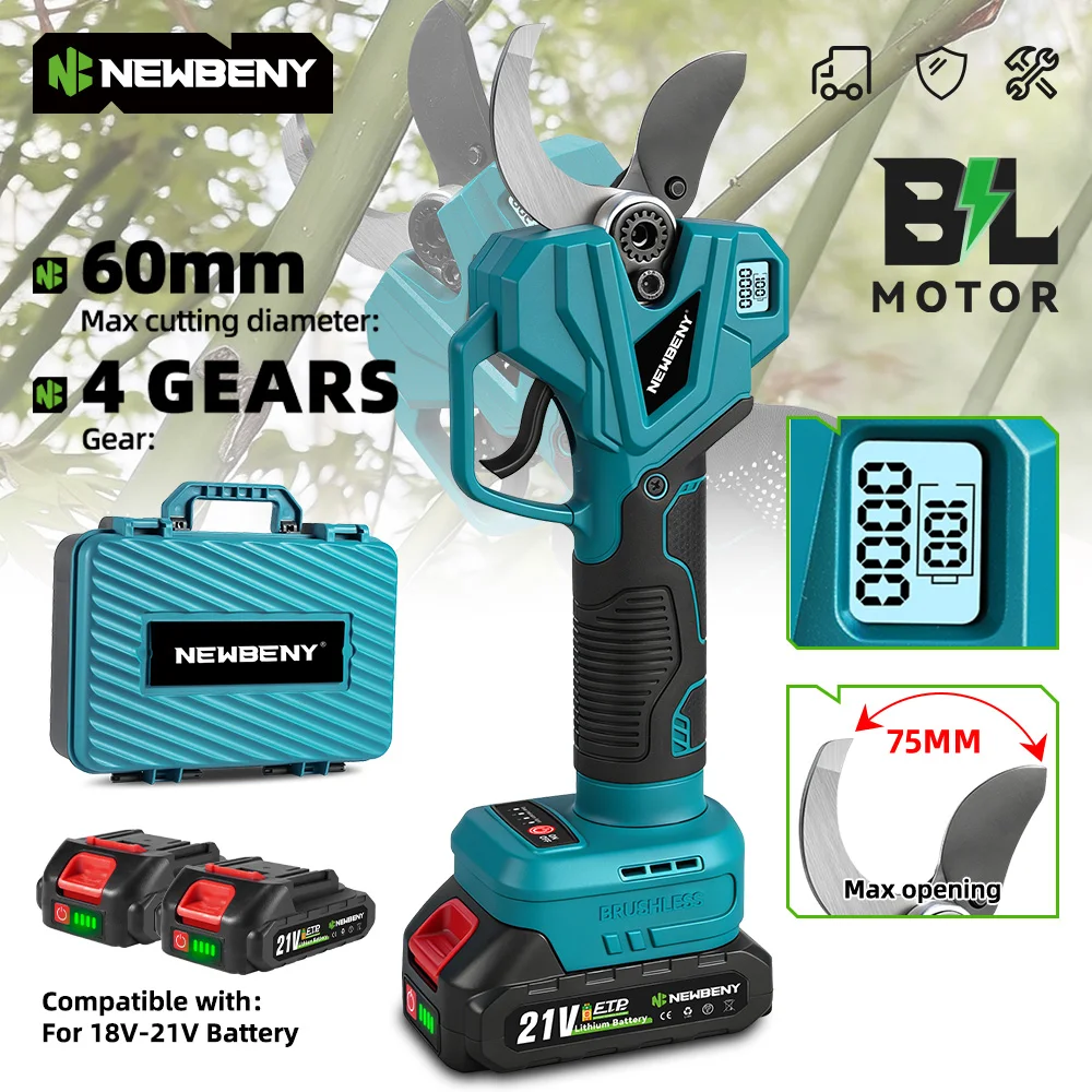 NewBeny Bürstenlose elektrische Gartenschere, 4 Gänge, 75 mm, Obstbaum-Bonsai, kabelloses Gartenschere-Werkzeug für Makita 21 V Akku-Pin