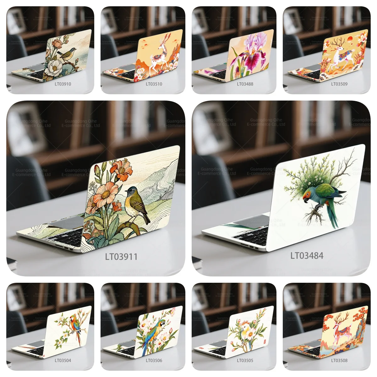 2 Pcs New Arrival Chinese-style Bird and Flower Christmas Elk Stickers PVC Self-Adhesive Removable for Notebooks and Tablets