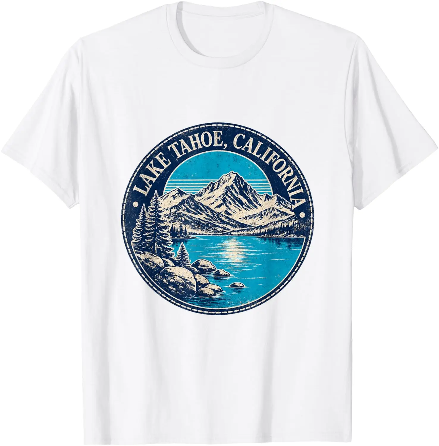 Lake Tahoe California Retro Mountain Illustration T-Shirt 100% Cotton Trendy Y2K Short-Sleeve Tee – Soft, Quick-Drying, & Moisture-Wicking; Ideal for Sports or Casual Wear; Great Gift for Christmas or Halloween.