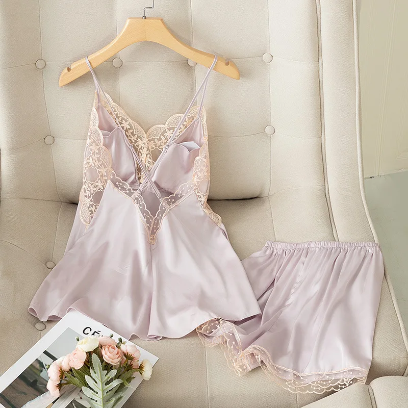 Backless Cross Pajamas For Women Sexy Ice Silk Beautiful Back Suspender Shorts With Chest Pads Sleepwear image 4