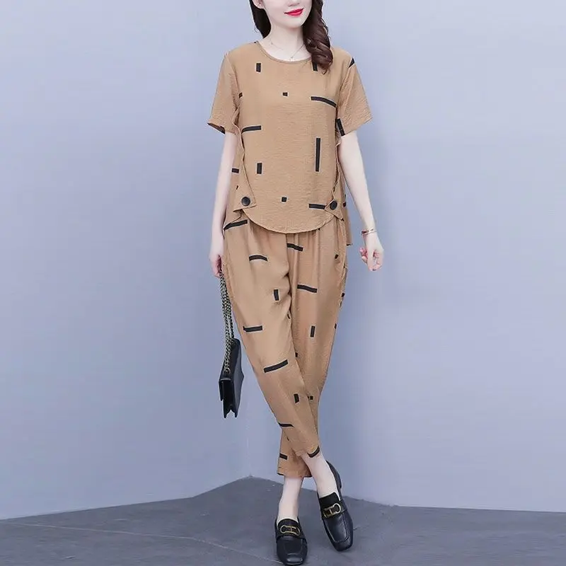 Summer New Fashion Ladies Suits High Street Round Neck Short Sleeve T-Shirts and Elastic Waist Pocket Solid Color Haren Pants