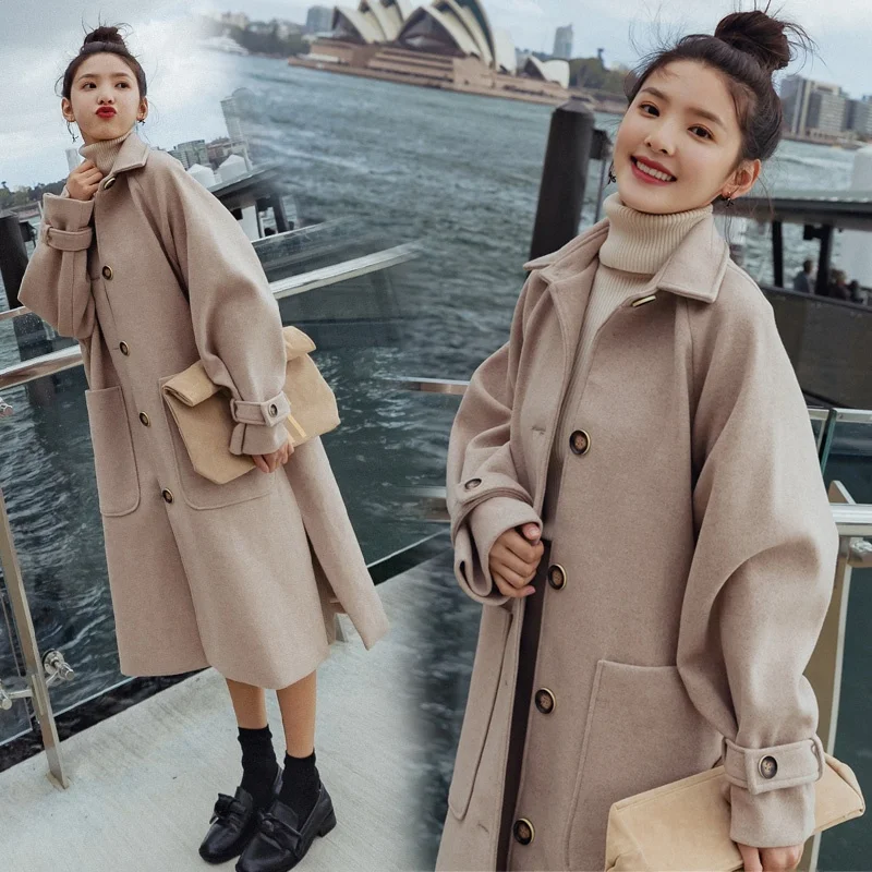

Women's Mid-Length Woolen Coat 2024 New Style Student Academic Style Short Size Autumn Winter Polyester Fiber Single-Breasted