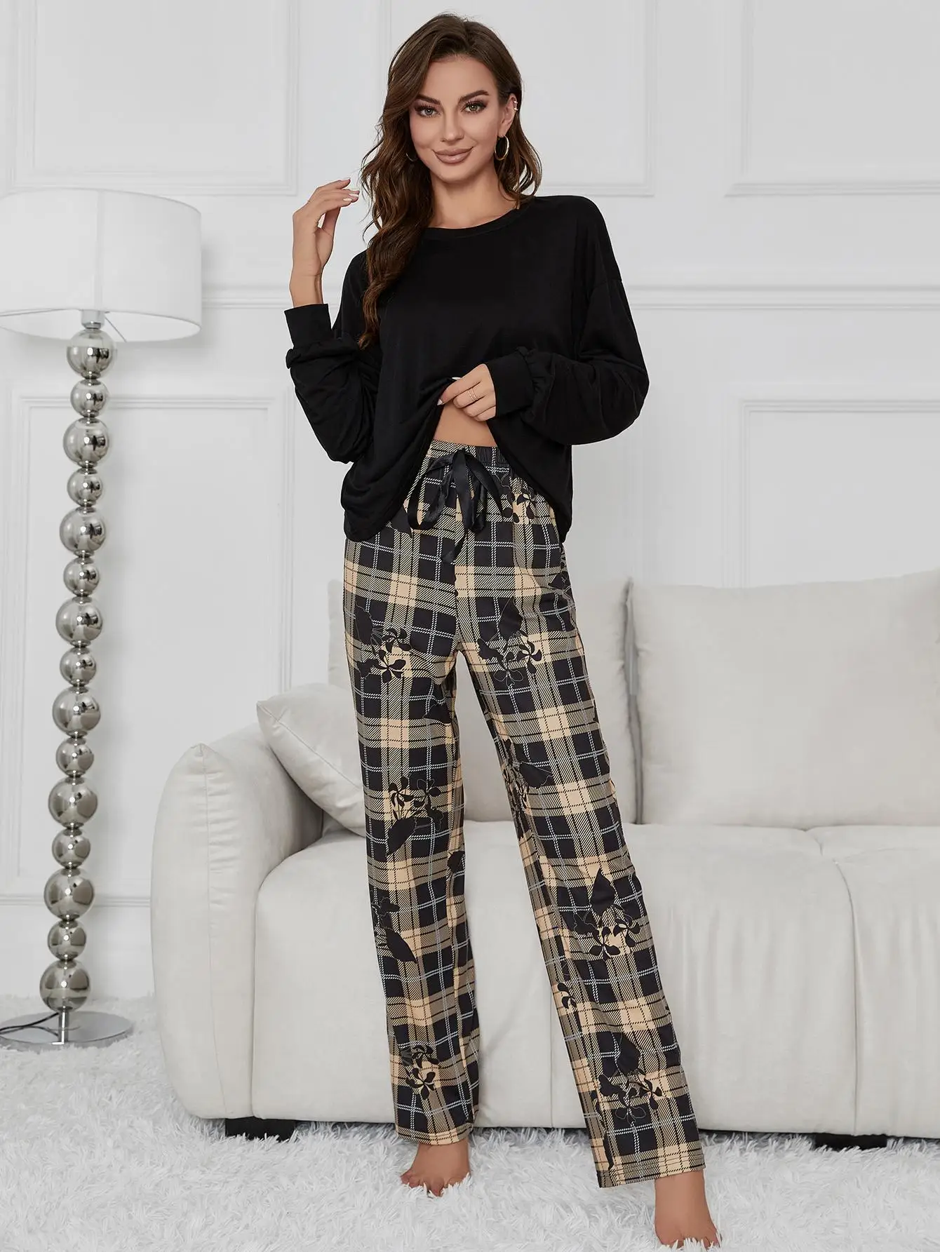 Women Pajama Set Solid Long Sleeve Top & Full-Length Plaid Pants Panda Print 2 Pieces Sleepwear Female Nightwear Homwear Cloth