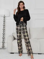 Women Pajama Set Solid Long Sleeve Top & Full-Length Plaid Pants Panda Print 2 Pieces Sleepwear Female Nightwear Homwear Cloth